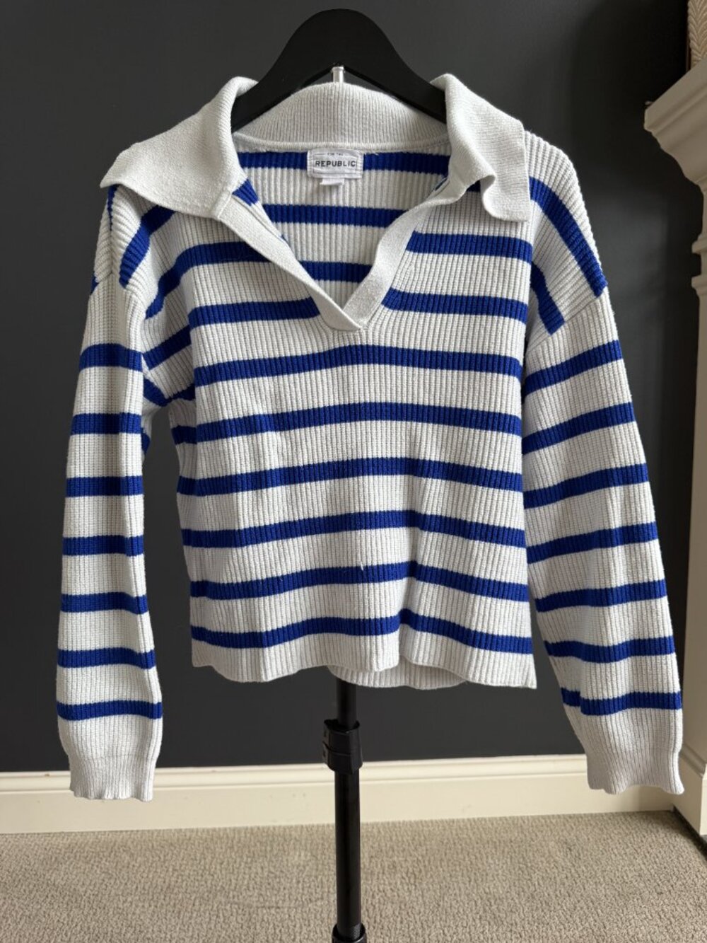 For the Republic Blue White Striped Rugby Collar Sweater Size L